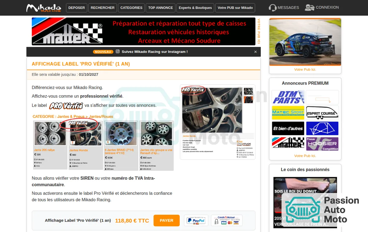 Capture : Les Offres - pièces et voitures de course à vendre, de rallye et de circuit.